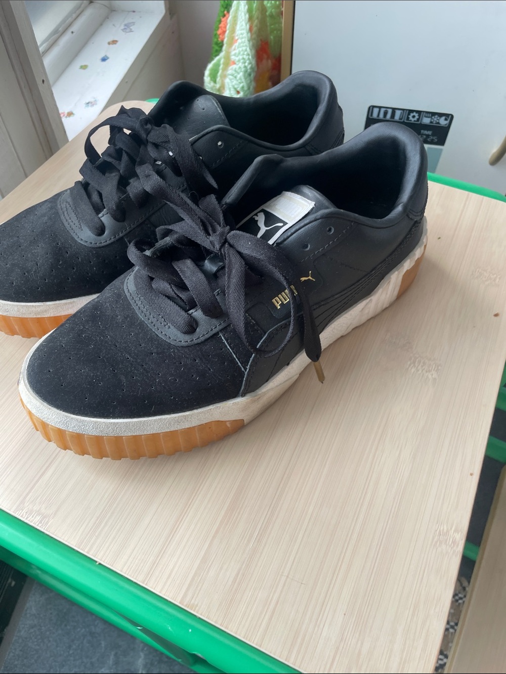 Puma Black Suede Sneakers with Gum Outsole and Gold Logo